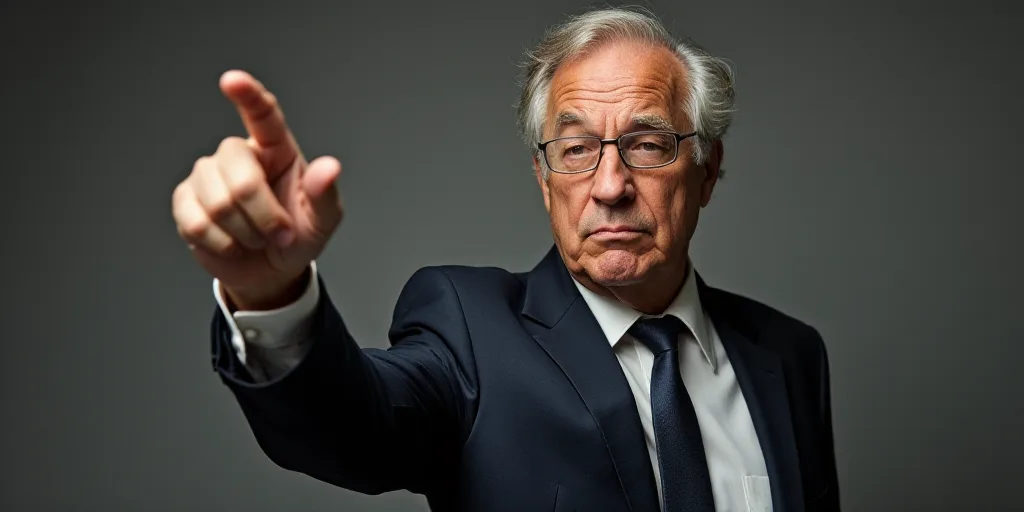 a man in a suit and tie pointing at something with his finger up in the air with a serious look on h