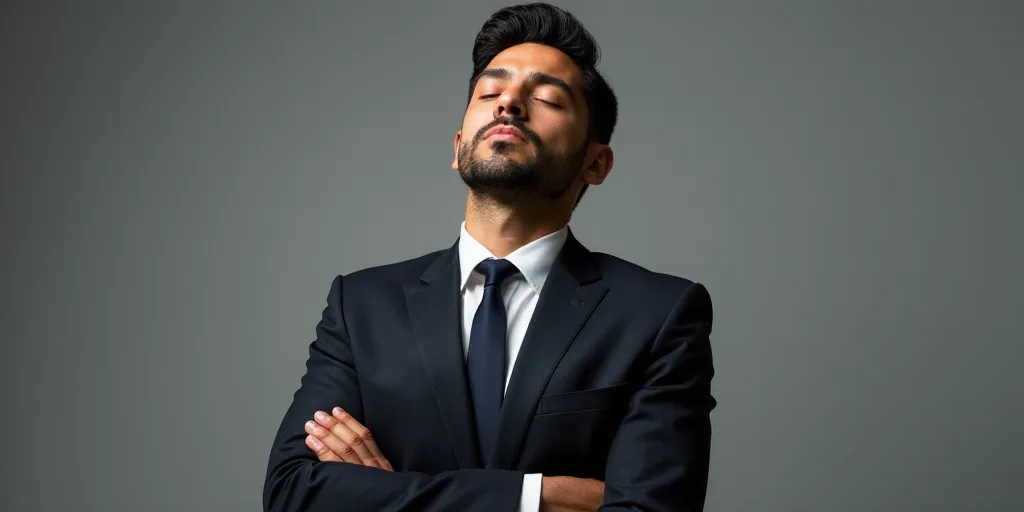 a man in a suit and tie posing for a picture with his arms crossed and his eyes closed,, Alexis Grim