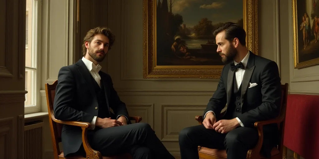 a man in a suit and tie sitting next to a man in a suit and tie in a room with paintings on the wall