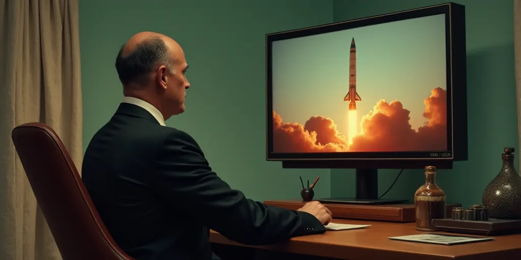 a man in a suit and tie sitting at a desk in front of a television screen with a picture of a missil