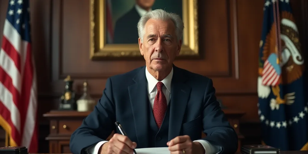 a man in a suit and tie sitting in front of a desk with a flag behind him and a picture of president
