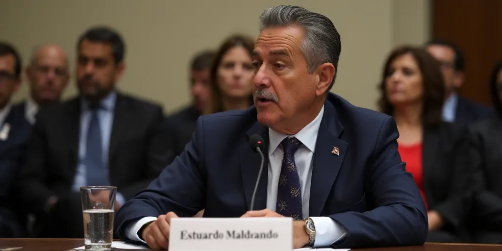 a man in a suit and tie sitting at a table with a microphone in front of him and a group of people b