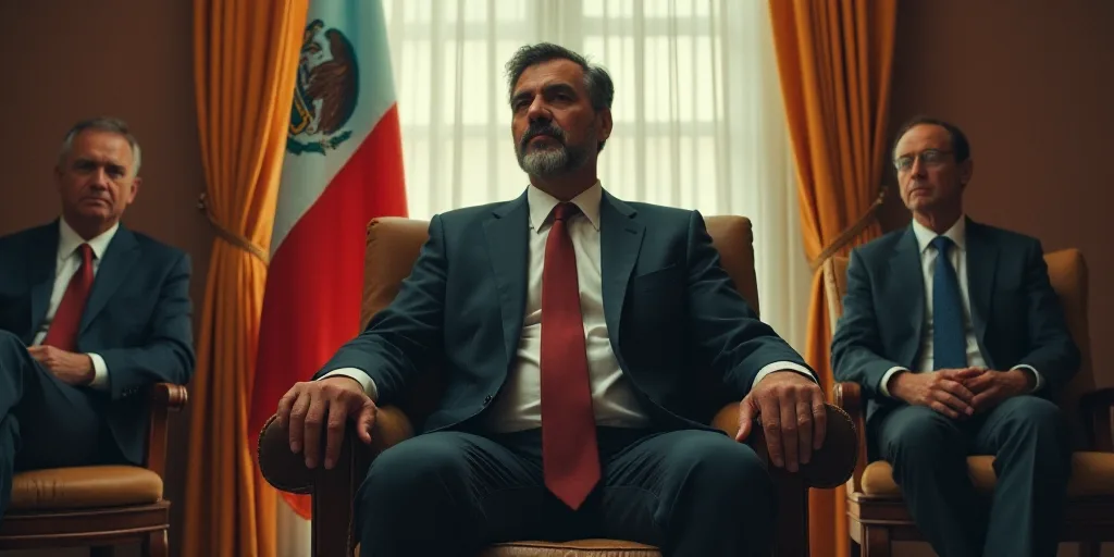 a man in a suit and tie sitting in a chair with a flag behind him and another man in a suit and tie