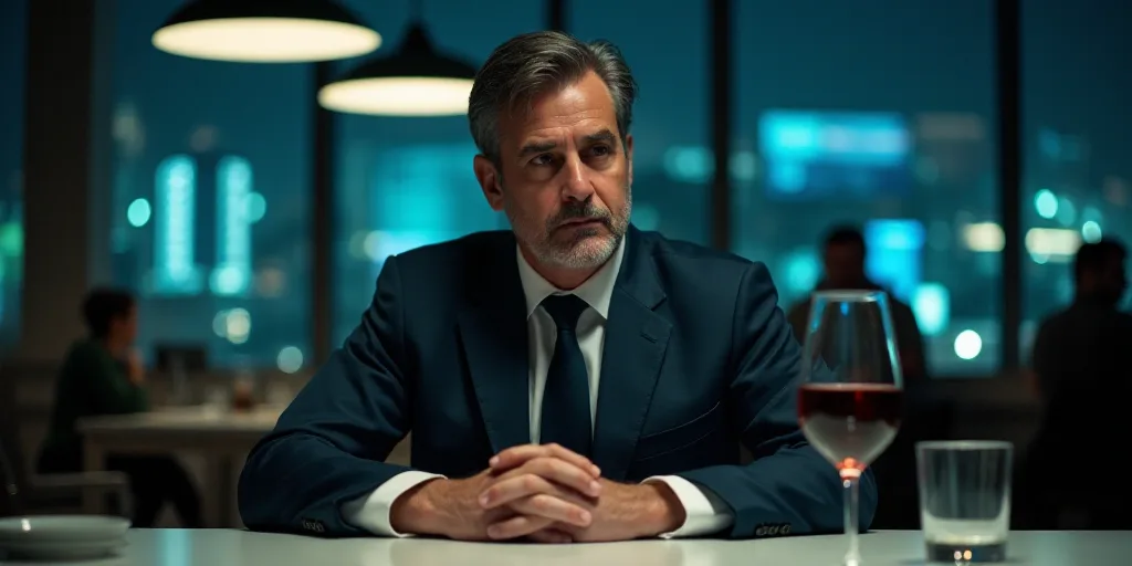 a man in a suit and tie sitting at a table with a glass of wine in front of him, Federico Uribe, ign
