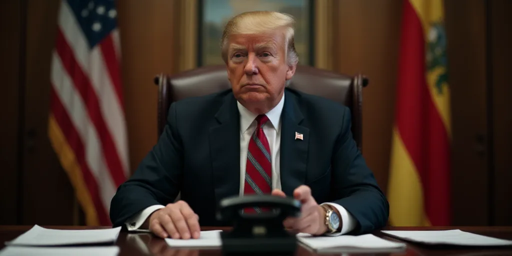 a man in a suit and tie sitting at a desk with a phone in front of him and a flag in the background,