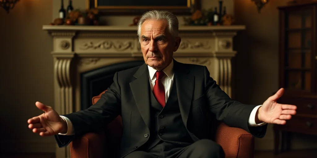 a man in a suit and tie sitting in a chair with his hands out in front of him and a fireplace in the