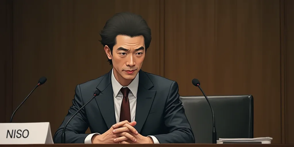 a man in a suit and tie sitting at a table with microphones in front of him and a microphone in fron