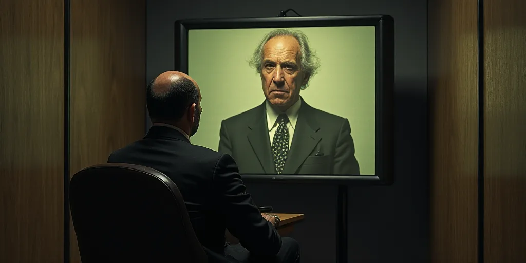 a man in a suit and tie sitting in a chair in front of a screen with a picture of a man on it, Engue