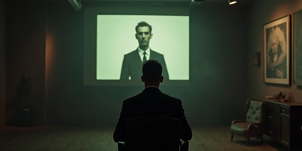 a man in a suit and tie sitting in a chair in front of a screen with a picture of a man on it, Engue