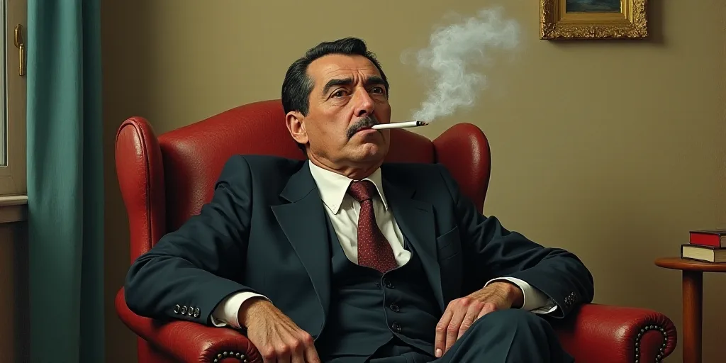 a man in a suit and tie sitting in a chair with a pencil in his mouth and a cigarette in his mouth,