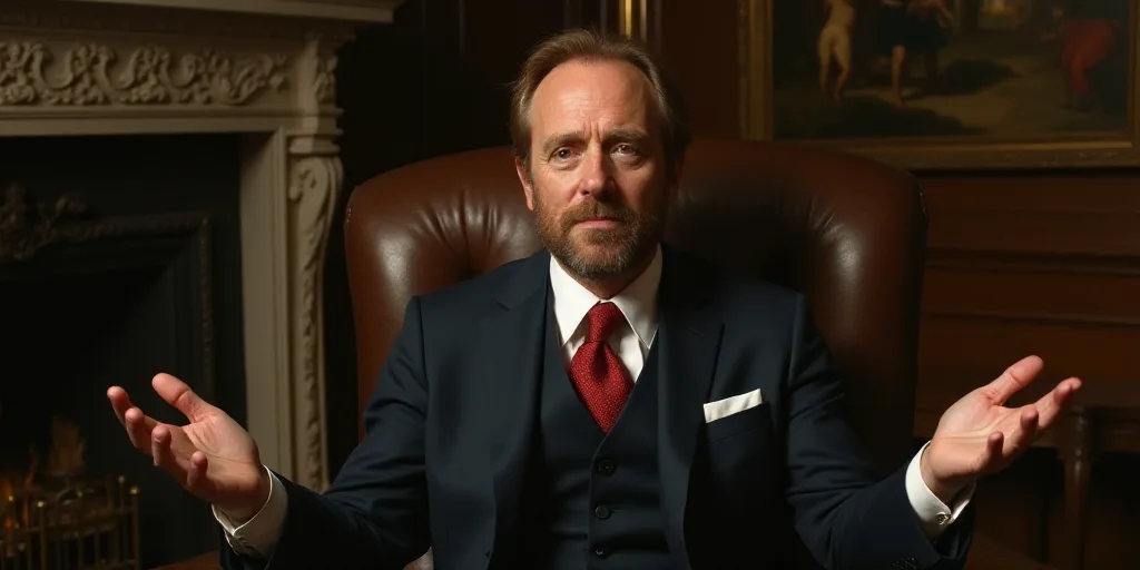 a man in a suit and tie sitting in a chair with his hands out in front of him and a fireplace in the
