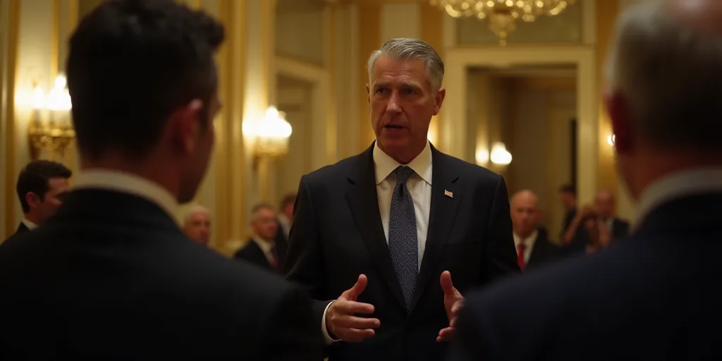 a man in a suit and tie speaking to a group of people in a room with gold walls and gold trim, Charl