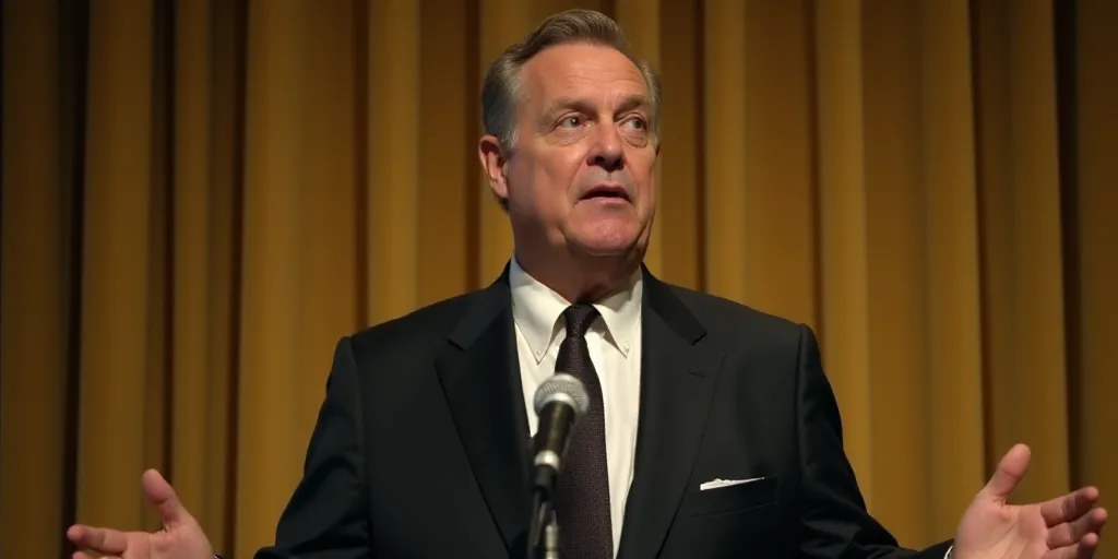 a man in a suit and tie speaking into a microphone in front of a curtained wall with a gold curtain,