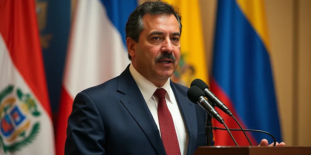 a man in a suit and tie speaking into a microphone with flags behind him and a flag behind him, Carl