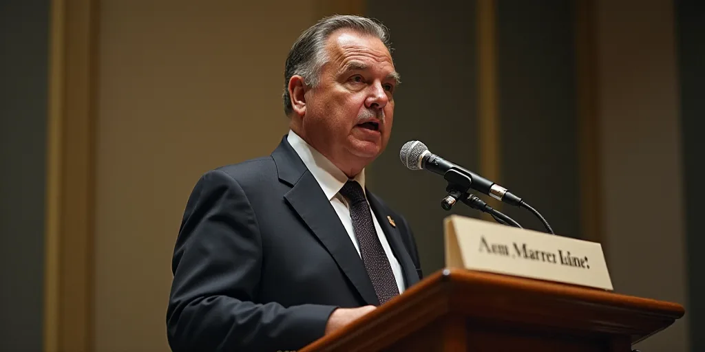 a man in a suit and tie speaking at a podium with a microphone in front of him and a sign behind him