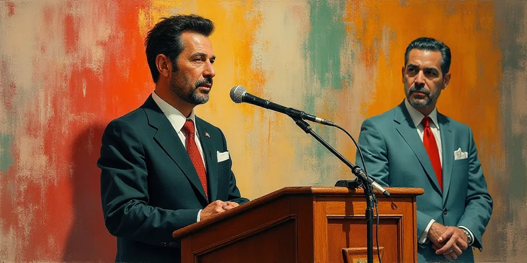 a man in a suit and tie speaking at a podium with a microphone in front of him and a microphone in t