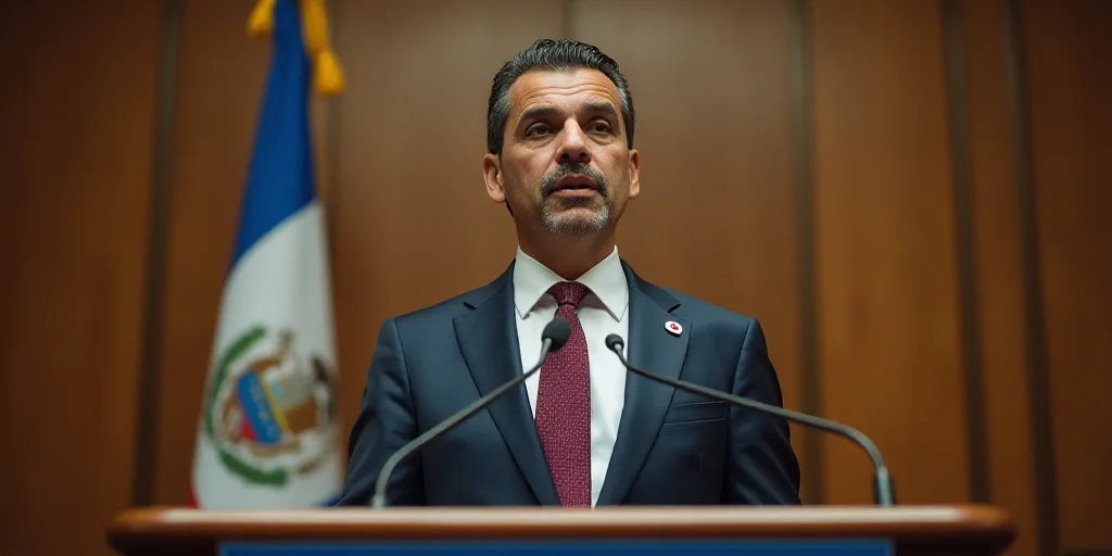 a man in a suit and tie speaking at a podium with microphones in front of him and a sign behind him,