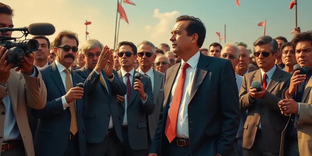 a man in a suit and tie standing in front of a crowd of people with cameras around him and a microph