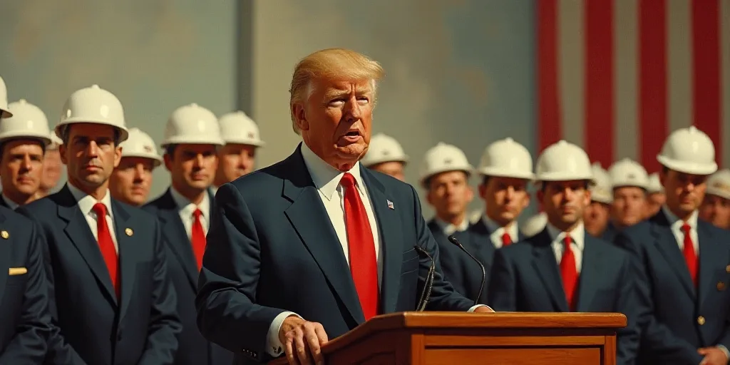 a man in a suit and tie standing at a podium with a group of men behind him wearing hard hats, Donal