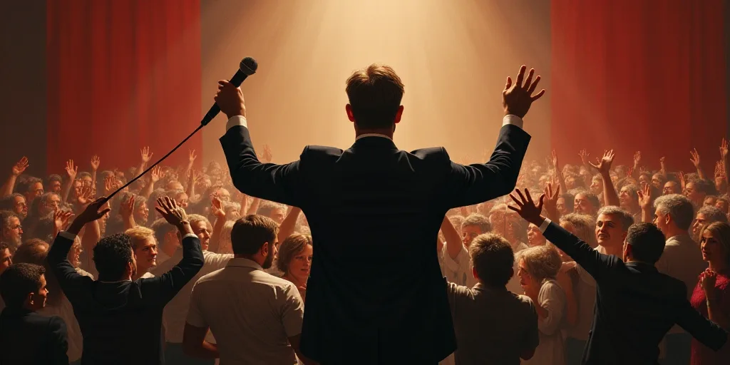a man in a suit and tie standing in front of a crowd of people with their hands out and a microphone