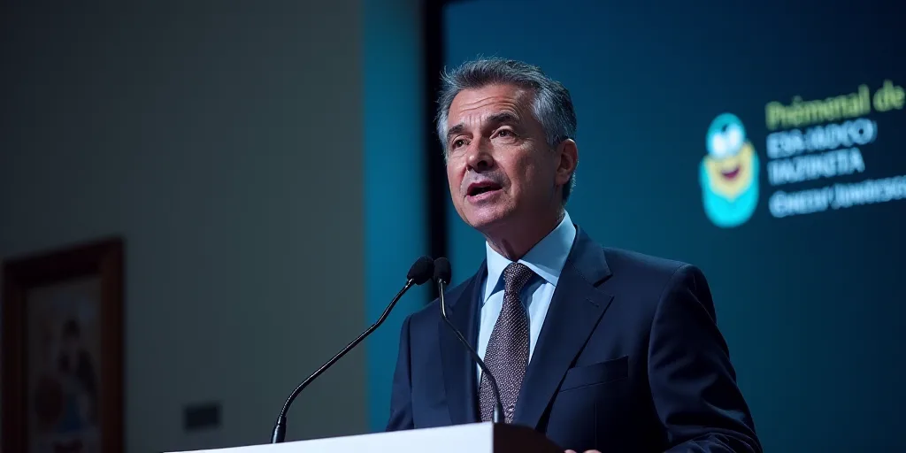 a man in a suit and tie standing at a podium with a microphone in front of him and a sign behind him