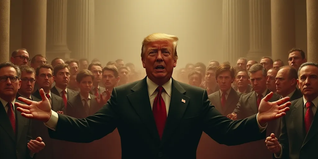 a man in a suit and tie standing in front of a crowd of people with his hands out and his hands out,