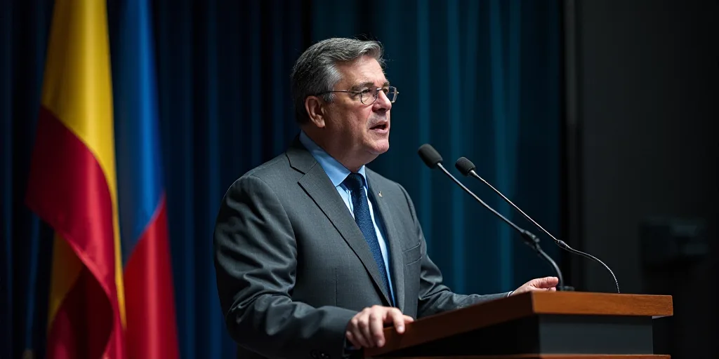 a man in a suit and tie standing at a podium with a microphone in front of him and a flag behind him