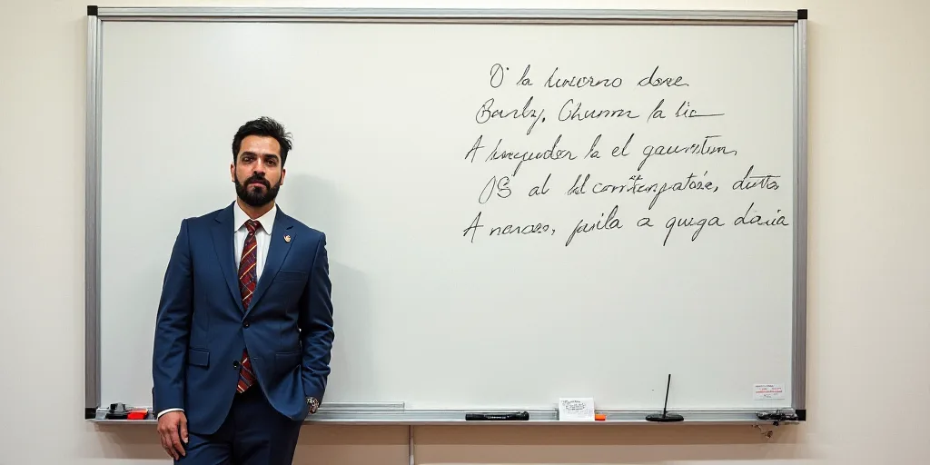 a man in a suit and tie standing in front of a whiteboard with writing on it and a marker, Carlos Fr