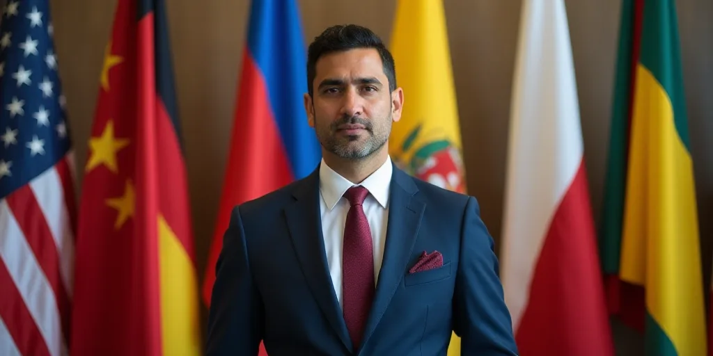 a man in a suit and tie standing in front of flags of different countries and colors in a room, Fede