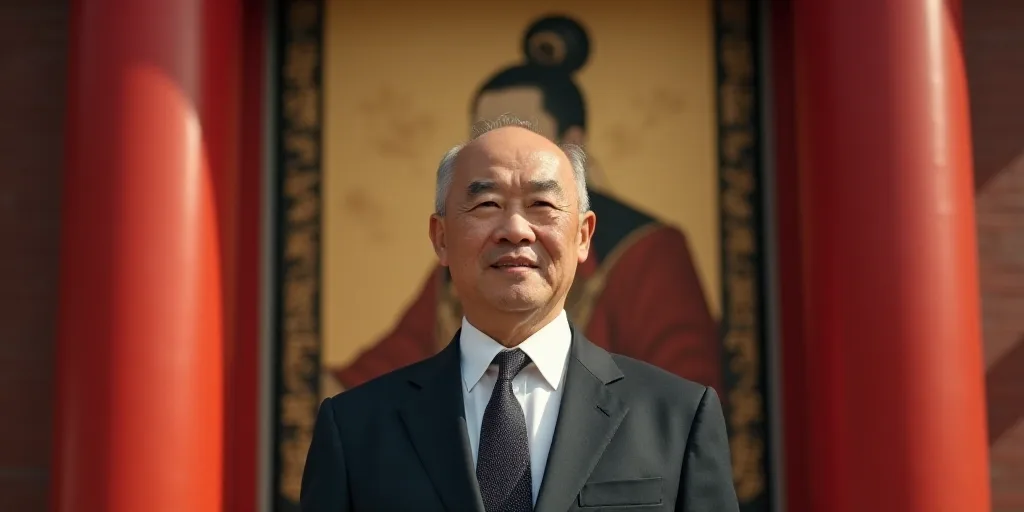 a man in a suit and tie standing in front of red pillars with a picture of a man in the background,