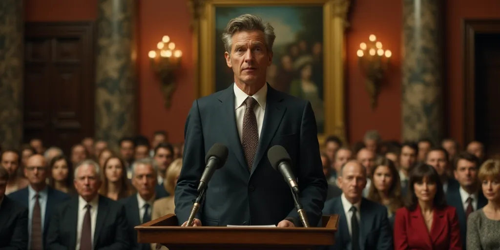 a man in a suit and tie standing in front of a crowd of people in a room with microphones, Donald Ro