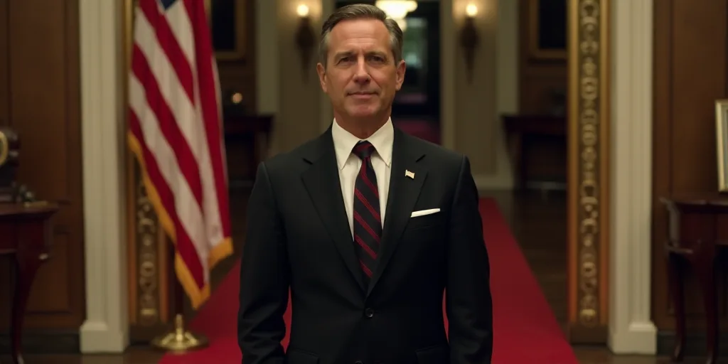 a man in a suit and tie standing in front of a flag and a doorway with a red carpet, Donald Roller W