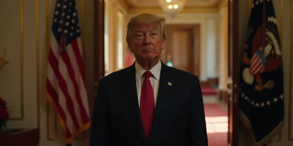 a man in a suit and tie standing in front of a flag and a doorway with a red carpet, Donald Roller W
