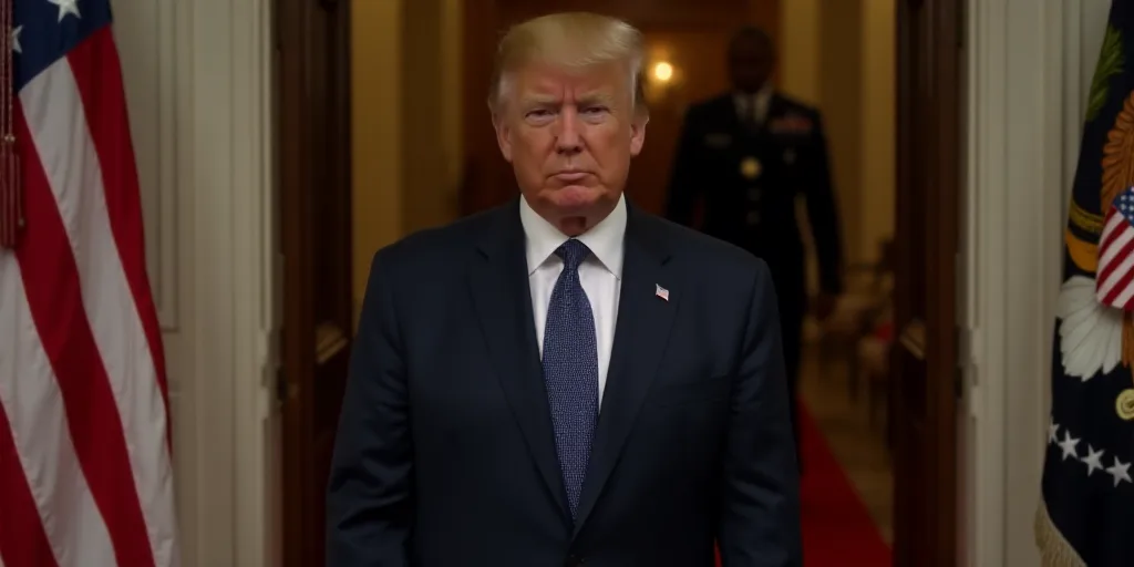 a man in a suit and tie standing in front of a flag and a doorway with a red carpet, Donald Roller W