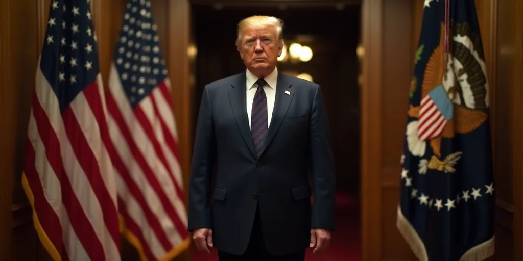 a man in a suit and tie standing in front of a flag and a doorway with a red carpet, Donald Roller W