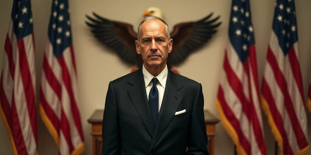 a man in a suit and tie standing in front of flags and a bald eagle on a wall behind him, Alberto Bu