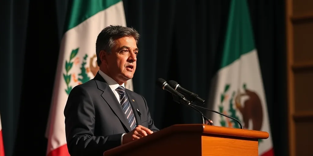 a man in a suit and tie standing at a podium with a microphone in front of him and a mexican flag be