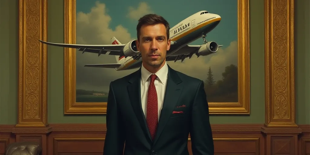 a man in a suit and tie standing in front of a model airplane and a wall with gold decorations, Dona