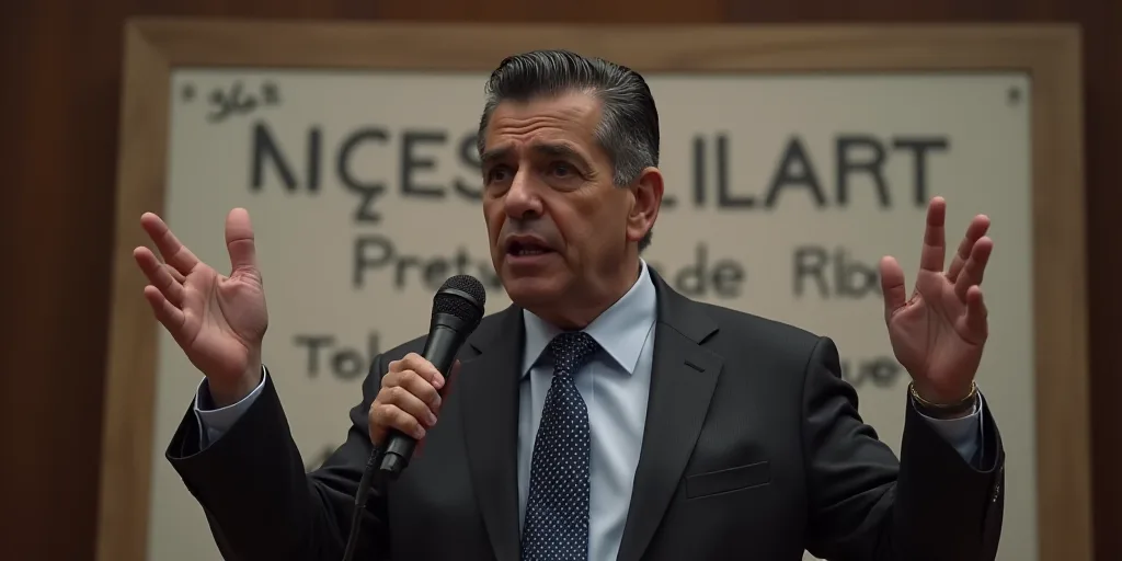 a man in a suit and tie standing in front of a sign with a microphone in his hand and a microphone i