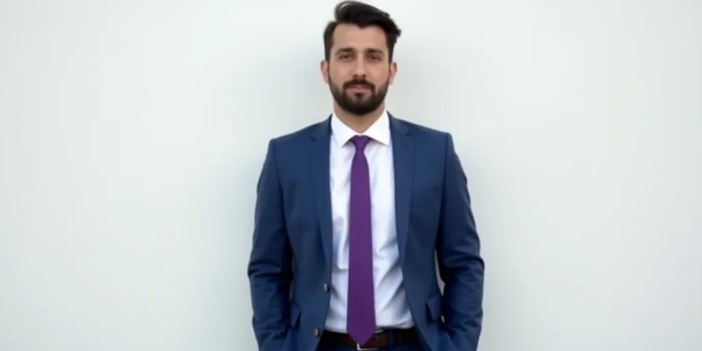 a man in a suit and tie standing in front of a white wall with a blue jacket and purple tie, Agustí