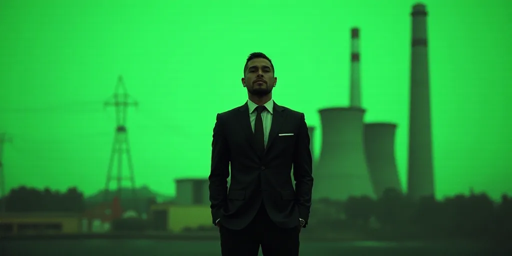 a man in a suit and tie standing in front of a green background with a picture of a power plant, Fed