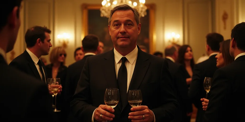 a man in a suit and tie standing in a room with other people and holding wine glasses in his hands,