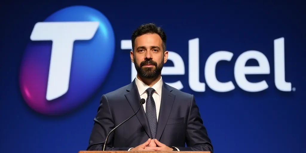a man in a suit and tie standing at a podium with a microphone in front of a telcel logo, Ángel Bot