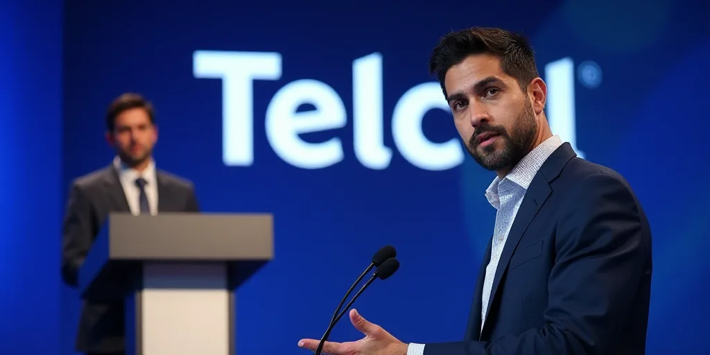 a man in a suit and tie standing at a podium with a microphone in front of a telcel logo, Ángel Bot