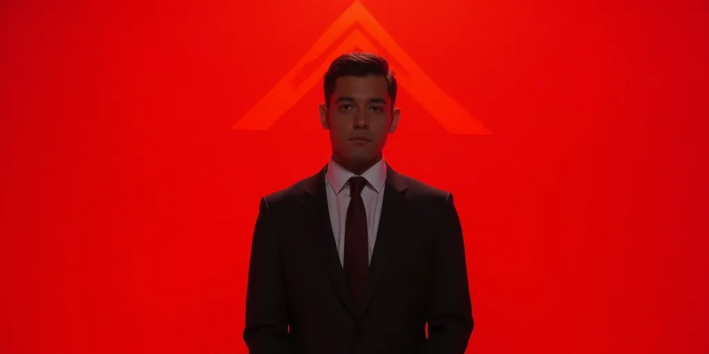 a man in a suit and tie standing in front of a red background with a red arrow in the center, Andrie