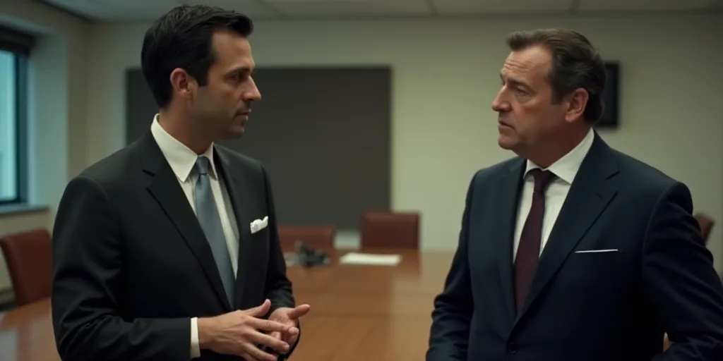 a man in a suit and tie talking to another man in a suit and tie at a conference room, Brian Fies, i