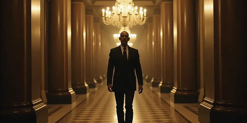 a man in a suit and tie walking down a hallway in a building with columns and a chandelier, Donald R