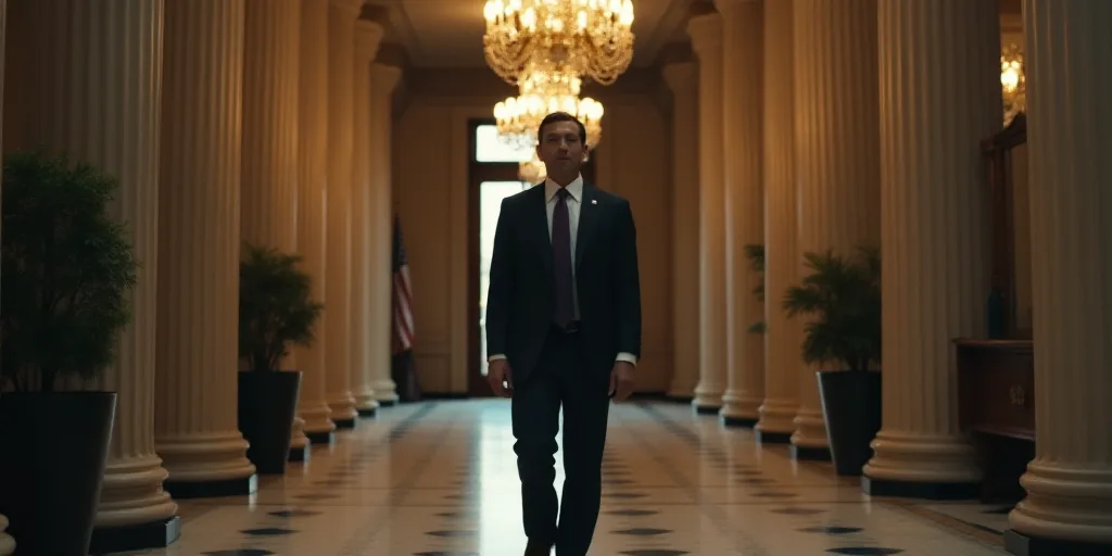 a man in a suit and tie walking down a hallway in a building with columns and a chandelier, Donald R