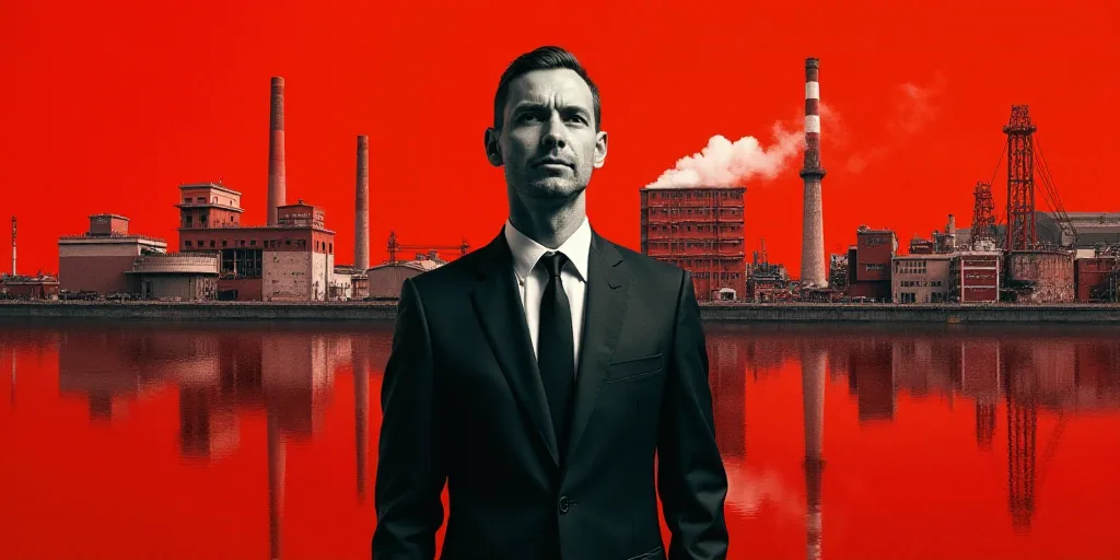 a man in a suit and tie with a red background and a collage of images of a factory, Andries Stock, h