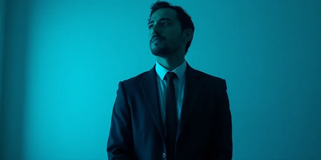 a man in a suit and tie with a blue background and a black and white photo of him and the caption of